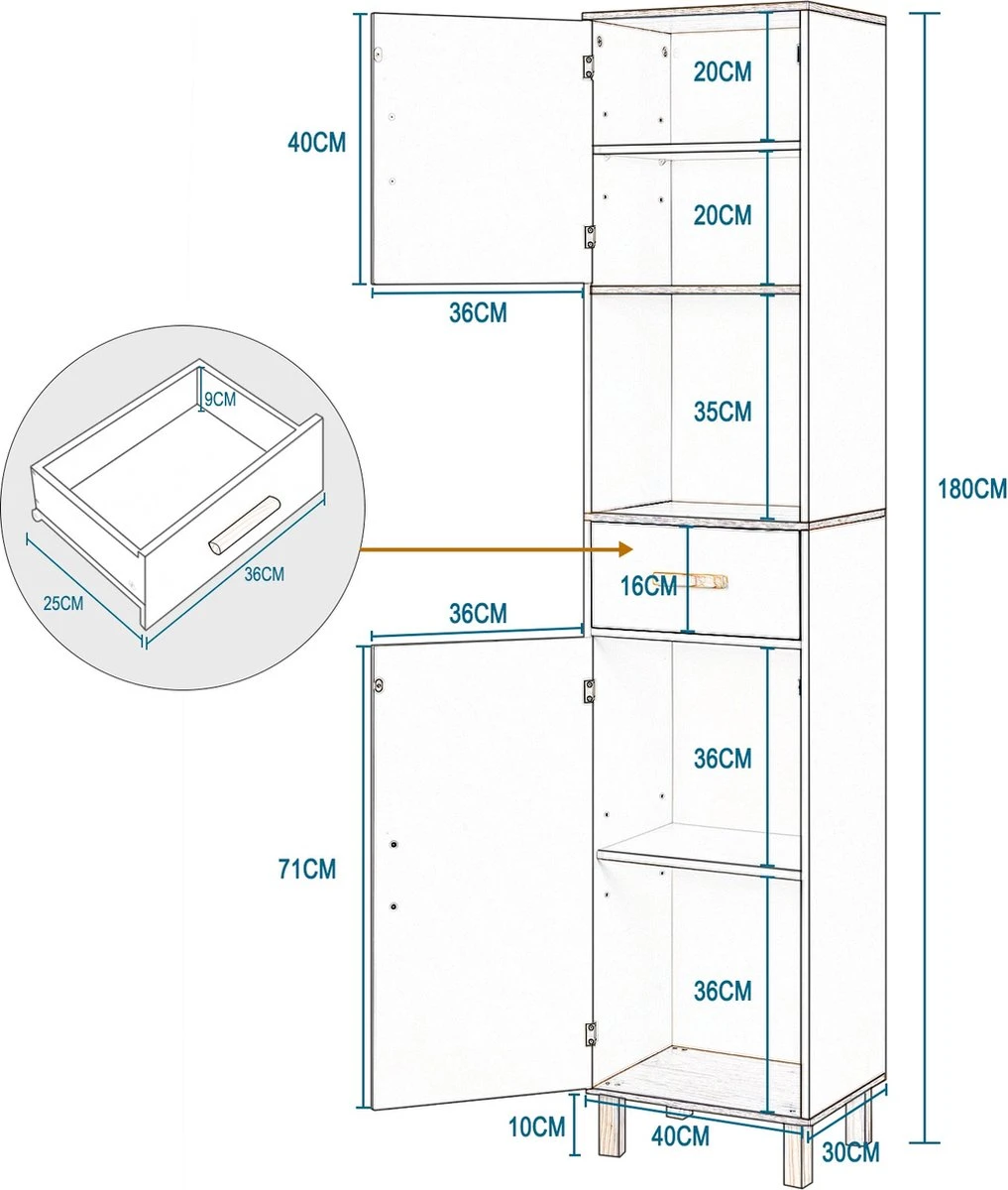 Kamyra® Scandinavisch Badkamermeubel - Badkamerkast, Wastafelmeubel, Opbergkast - Wit - 40x30x180 Cm - MDF 8 Kamyra® Scandinavisch Badkamermeubel - Badkamerkast, Wastafelmeubel, Opbergkast - Wit - 40x30x180 Cm - MDF - Afbeelding 8