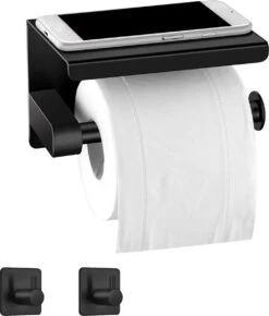 Toiletrolhouder Met Plankje - Zelfklevend Of Boren - WC Rolhouder - Incl. Handdoekhaakjes - Zwart