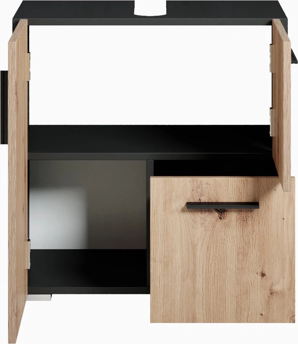 Badplaats Wastafel Onderkast Mars 60 Cm X 30 Cm X 60 Cm - Zwart Met Eiken - Badkamerkast – Staand Wastafelmeubel 3 Badplaats Wastafel Onderkast Mars 60 Cm X 30 Cm X 60 Cm - Zwart Met Eiken - Badkamerkast – Staand Wastafelmeubel - Afbeelding 3