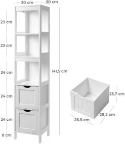 Hoge Badkamer Kast Met 2 Laden En 3 Open Vakken - 30 X 30 X 143,5 Cm - Wit -Merkloos Verkoop 1039x1200 3