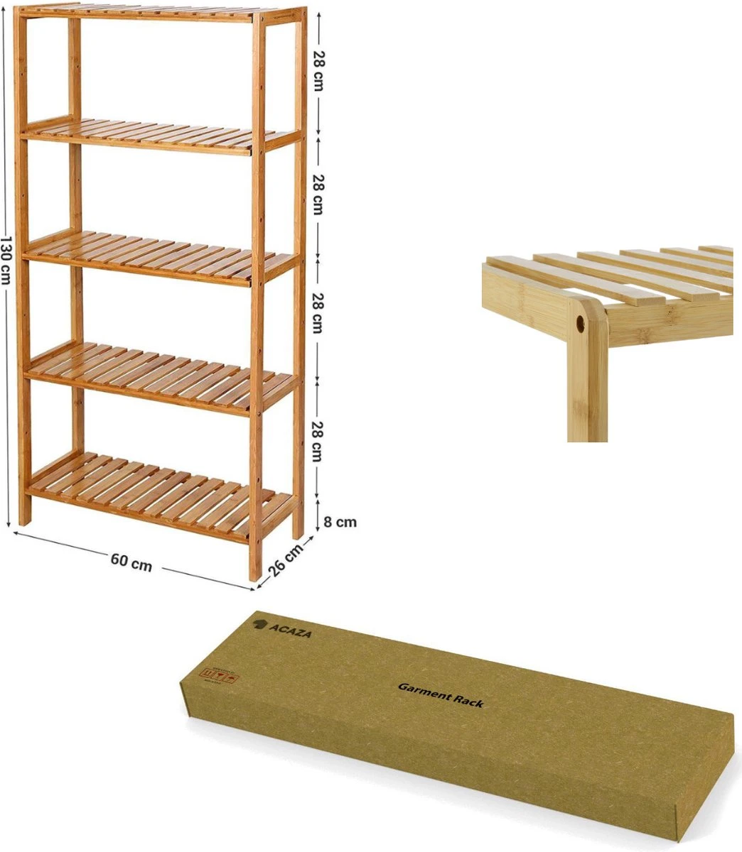 Badkamer Rek Met 5 Etages - Opbergrek Met Verstelbare Planken - 130 Cm Hoog En 60 Cm Breed - Bamboe 3 Badkamer Rek Met 5 Etages - Opbergrek Met Verstelbare Planken - 130 Cm Hoog En 60 Cm Breed - Bamboe - Afbeelding 3
