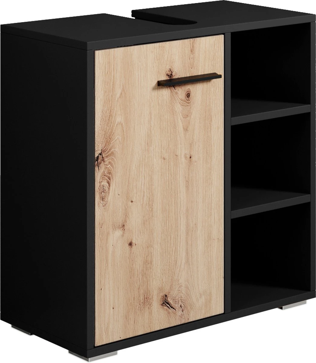 Badplaats Wastafel Onderkast Neptunus 60 Cm X 30 Cm X 60 Cm - Zwart Met Eiken - Badkamerkast – Staand Wastafelmeubel 1 Badplaats Wastafel Onderkast Neptunus 60 Cm X 30 Cm X 60 Cm - Zwart Met Eiken - Badkamerkast – Staand Wastafelmeubel