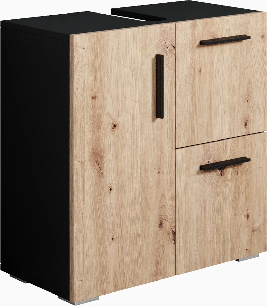 Badplaats Wastafel Onderkast Mars 60 Cm X 30 Cm X 60 Cm - Zwart Met Eiken - Badkamerkast – Staand Wastafelmeubel 1 Badplaats Wastafel Onderkast Mars 60 Cm X 30 Cm X 60 Cm - Zwart Met Eiken - Badkamerkast – Staand Wastafelmeubel