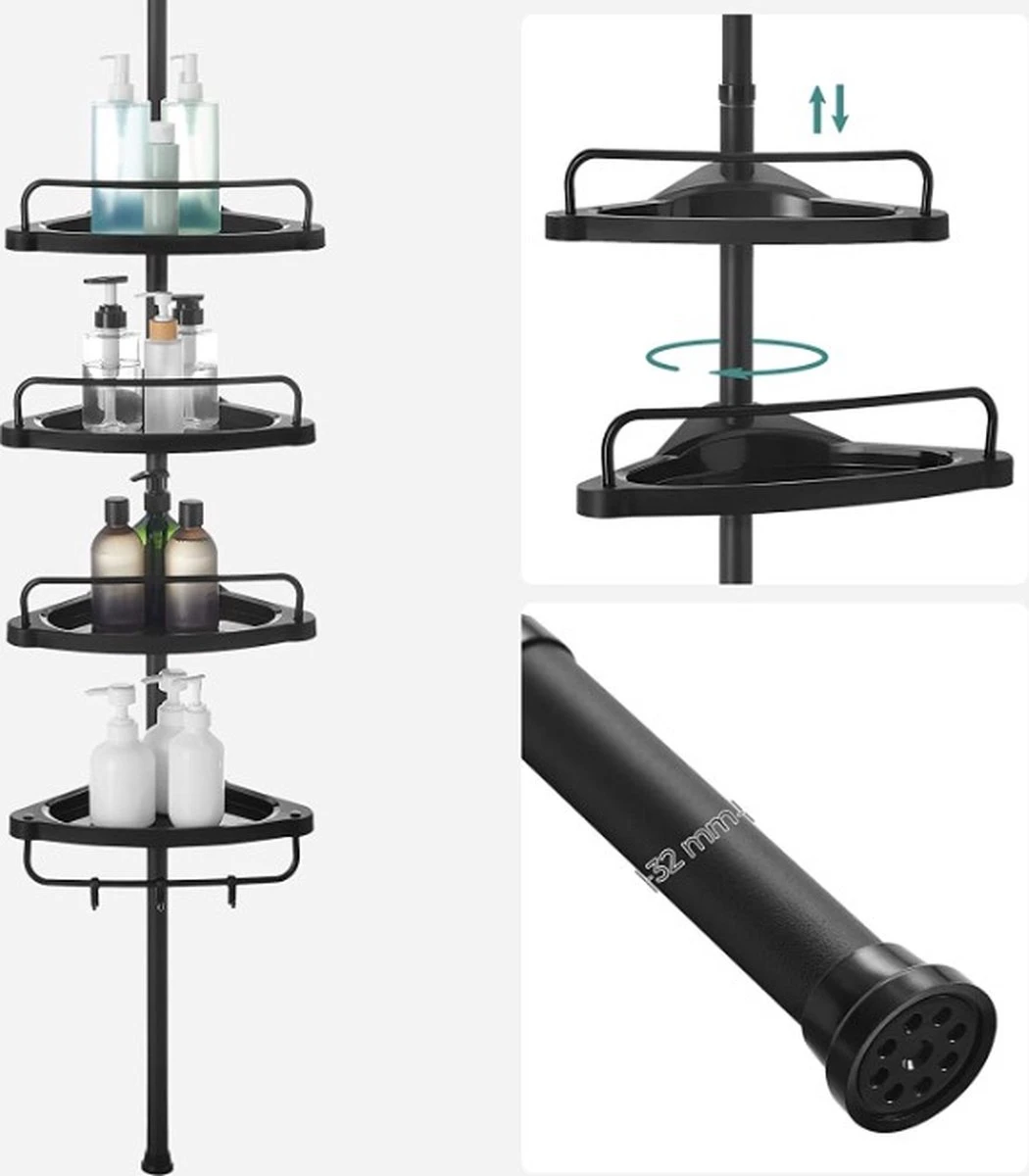 Verstelbaar Doucherek - 85-305 Cm - Van Vloer Tot Plafond - Met 4 Vakken - 3 Haken - Zwart 8 Verstelbaar Doucherek - 85-305 Cm - Van Vloer Tot Plafond - Met 4 Vakken - 3 Haken - Zwart - Afbeelding 8