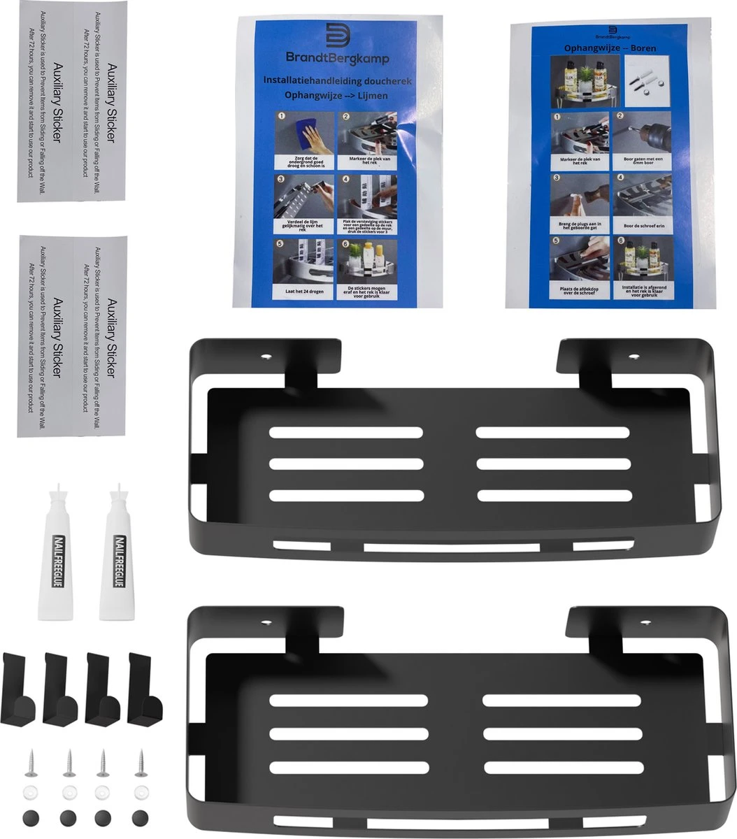 BrandtBergkamp RVS Doucherek 2 Laags – Zonder Boren – Doucherekje Hangend – Badkamerrek Zwart 5 BrandtBergkamp RVS Doucherek 2 Laags – Zonder Boren – Doucherekje Hangend – Badkamerrek Zwart - Afbeelding 5