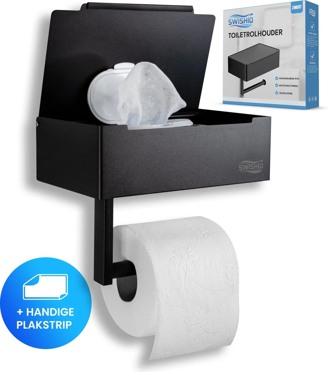 Toiletrolhouder Met Plankje En Bakje - WC Rolhouder Zwart - Opbergvak - Zelfklevend - Zonder Boren - RVS 1 Toiletrolhouder Met Plankje En Bakje - WC Rolhouder Zwart - Opbergvak - Zelfklevend - Zonder Boren - RVS
