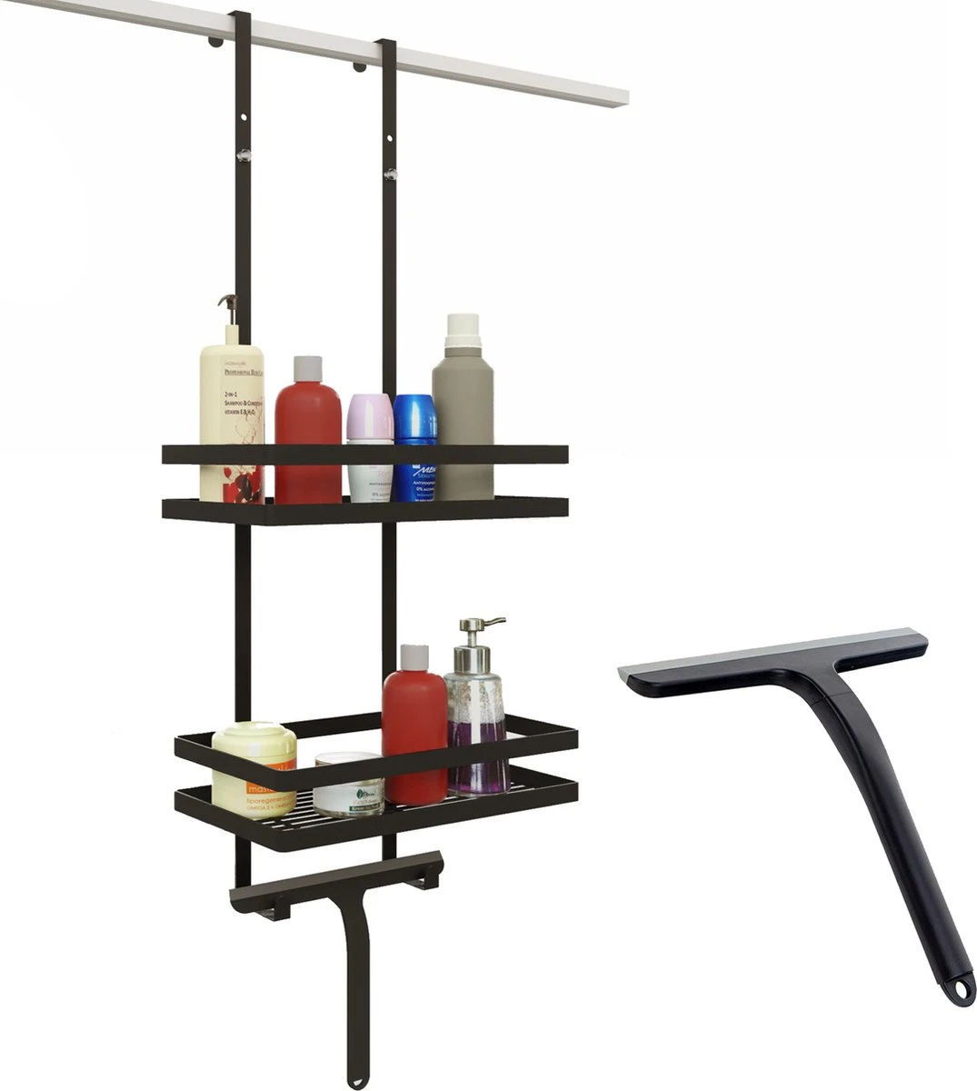 Doucherek Zonder Boren Inclusief Douchewisser - Aan Douchewand - Zwart - Ophangbaar - Zuignap - 2 Laags - Wiper - Shower Rack - Valentijnsdag Cadeau 1 Doucherek Zonder Boren Inclusief Douchewisser - Aan Douchewand - Zwart - Ophangbaar - Zuignap - 2 Laags - Wiper - Shower Rack - Valentijnsdag Cadeau