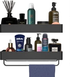 Goliving Doucherek Zonder Boren - Doucherekje- Badkamerrek 2 Laags - Hangend - Wandrek - RVS - Opbergrek - 40cm - Zwart