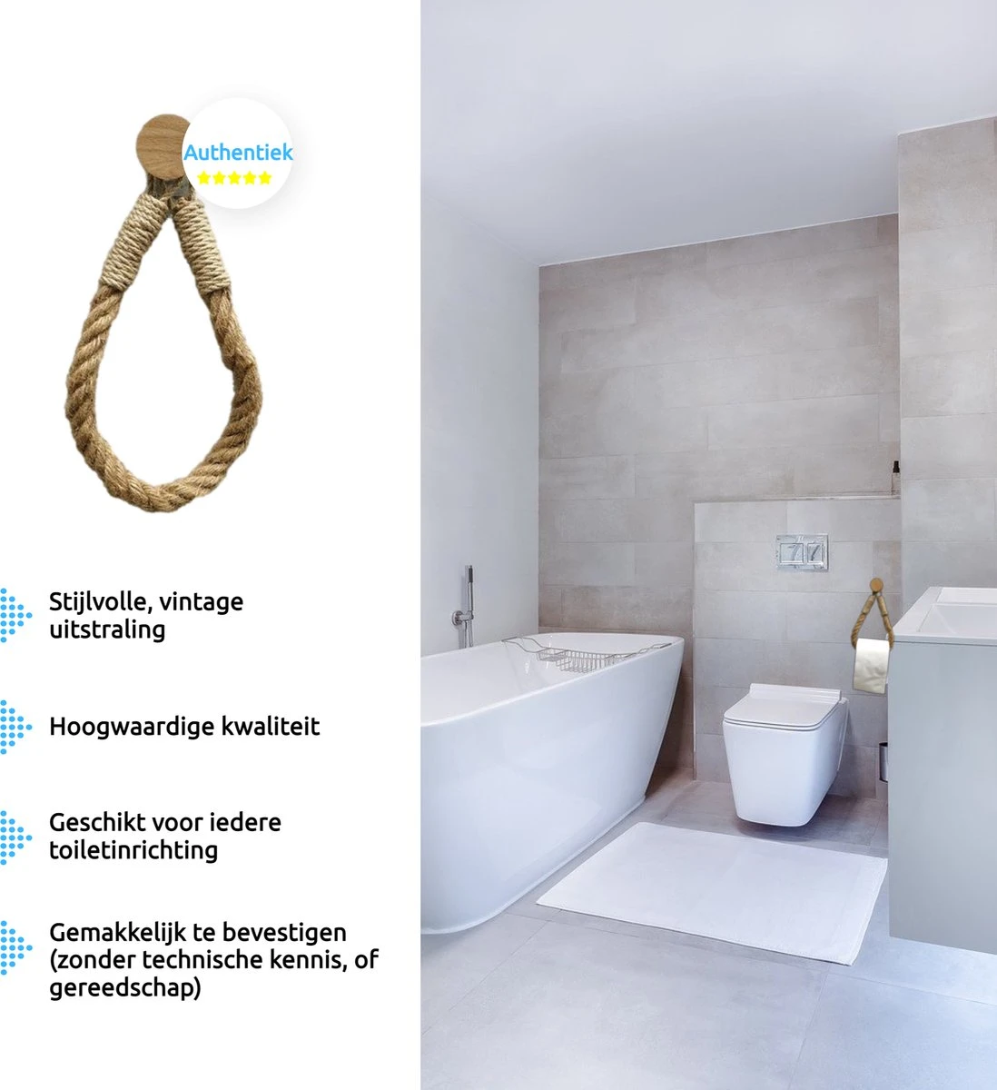 Jelta Toiletrolhouder Zonder Boren- Wc Rolhouder - Zuignap - Zelfklevend - Hout En Touw 3 Jelta Toiletrolhouder Zonder Boren- Wc Rolhouder - Zuignap - Zelfklevend - Hout En Touw - Afbeelding 3