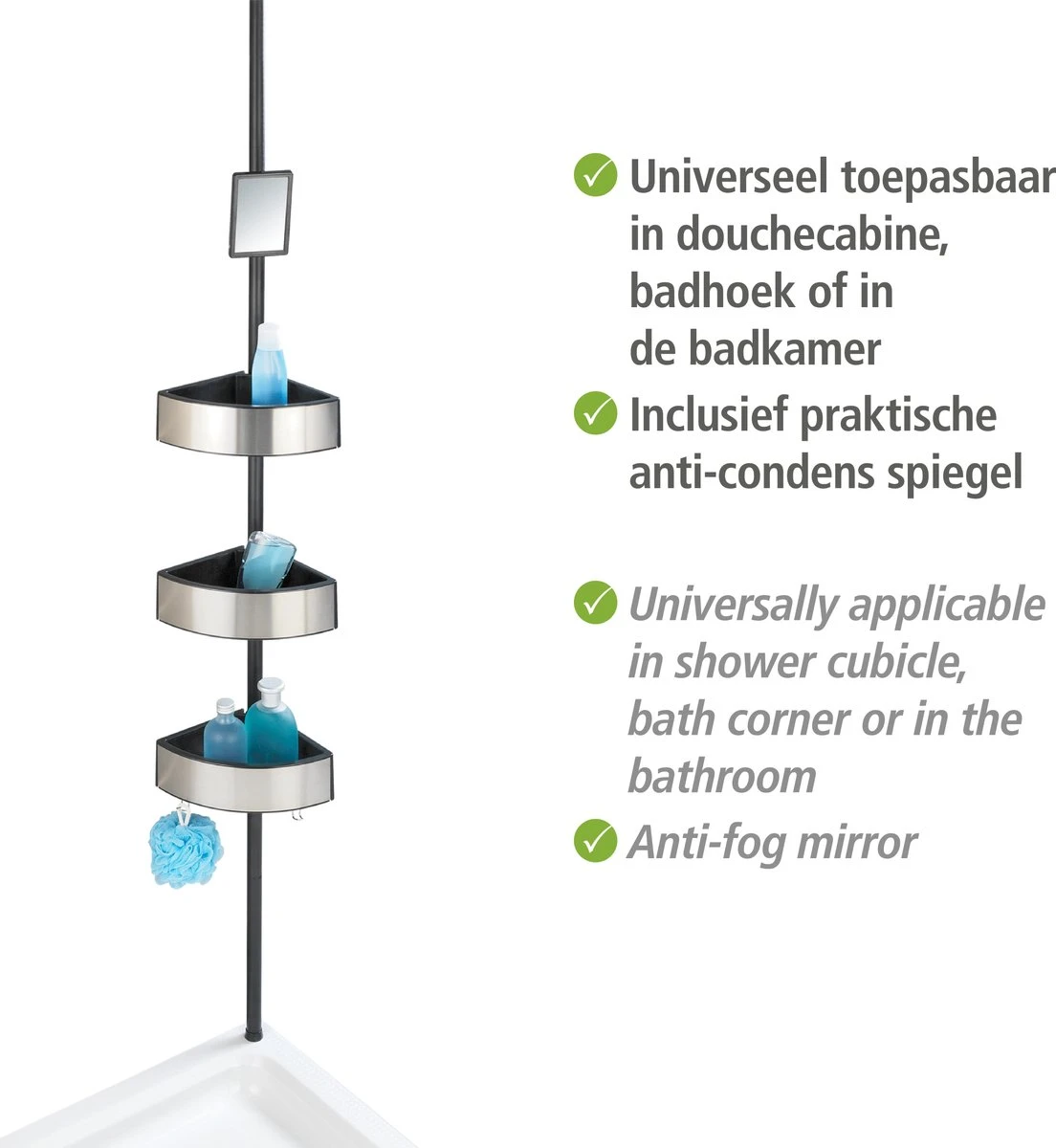 WENKO Telescopisch Doucherek Big Black 3-laags Met Spiegel Zilver/zwart - Bevestigen Zonder Boren 4 WENKO Telescopisch Doucherek Big Black 3-laags Met Spiegel Zilver/zwart - Bevestigen Zonder Boren - Afbeelding 4