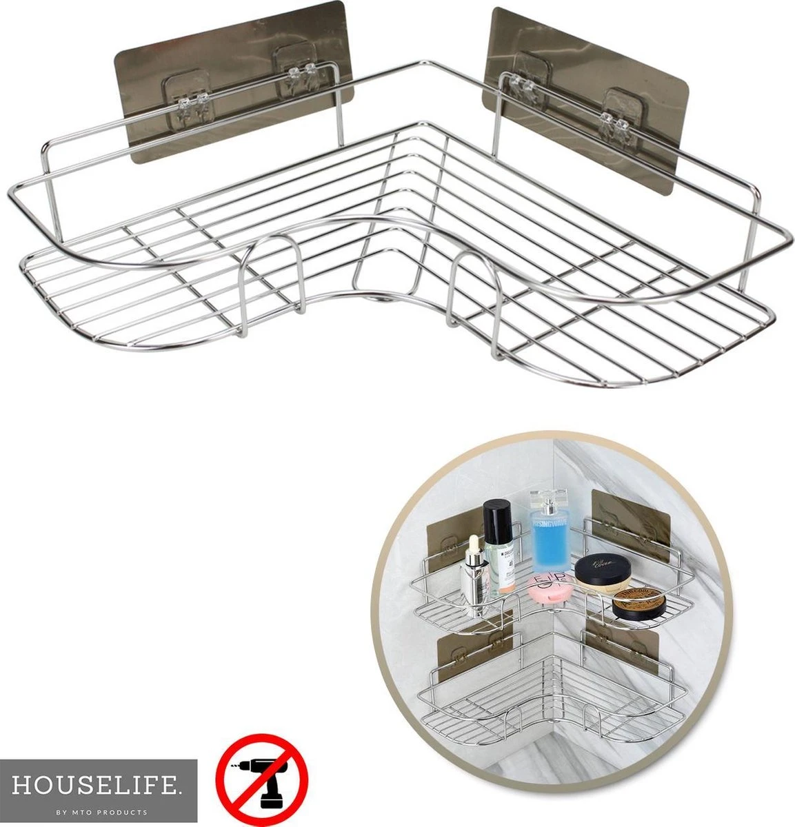 Doucherek Zonder Boren - RVS - Zelfklevend Doucherekje - Hangend – Hoek – Inclusief 2 Muurstickers 1 Doucherek Zonder Boren - RVS - Zelfklevend Doucherekje - Hangend – Hoek – Inclusief 2 Muurstickers