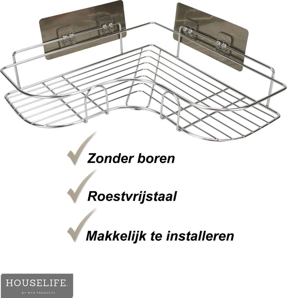 Doucherek Zonder Boren - RVS - Zelfklevend Doucherekje - Hangend – Hoek – Inclusief 2 Muurstickers 4 Doucherek Zonder Boren - RVS - Zelfklevend Doucherekje - Hangend – Hoek – Inclusief 2 Muurstickers - Afbeelding 4
