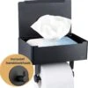 Toiletrolhouder Zwart Met Plankje En Bakje - Zonder Boren - Wc Rolhouder Zelfklevend - Inclusief Extra Handdoekhaak