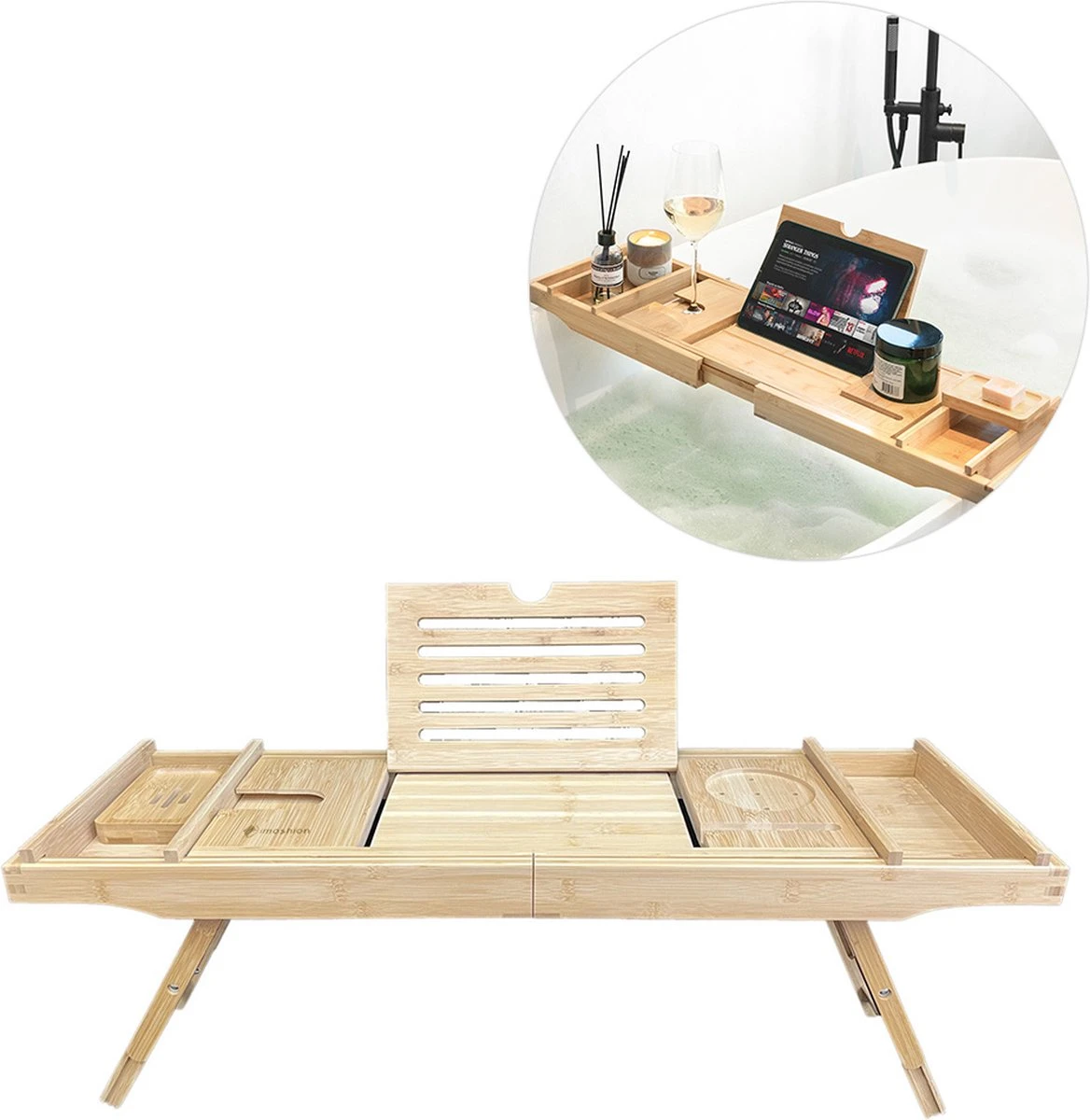 IMoshion Badplank Voor In Bad - Dienblad Inclusief Pootjes - Tablet Houder - Badrek Uitschuifbaar 75 Tot 110 Cm - Lichtbruin 1 IMoshion Badplank Voor In Bad - Dienblad Inclusief Pootjes - Tablet Houder - Badrek Uitschuifbaar 75 Tot 110 Cm - Lichtbruin