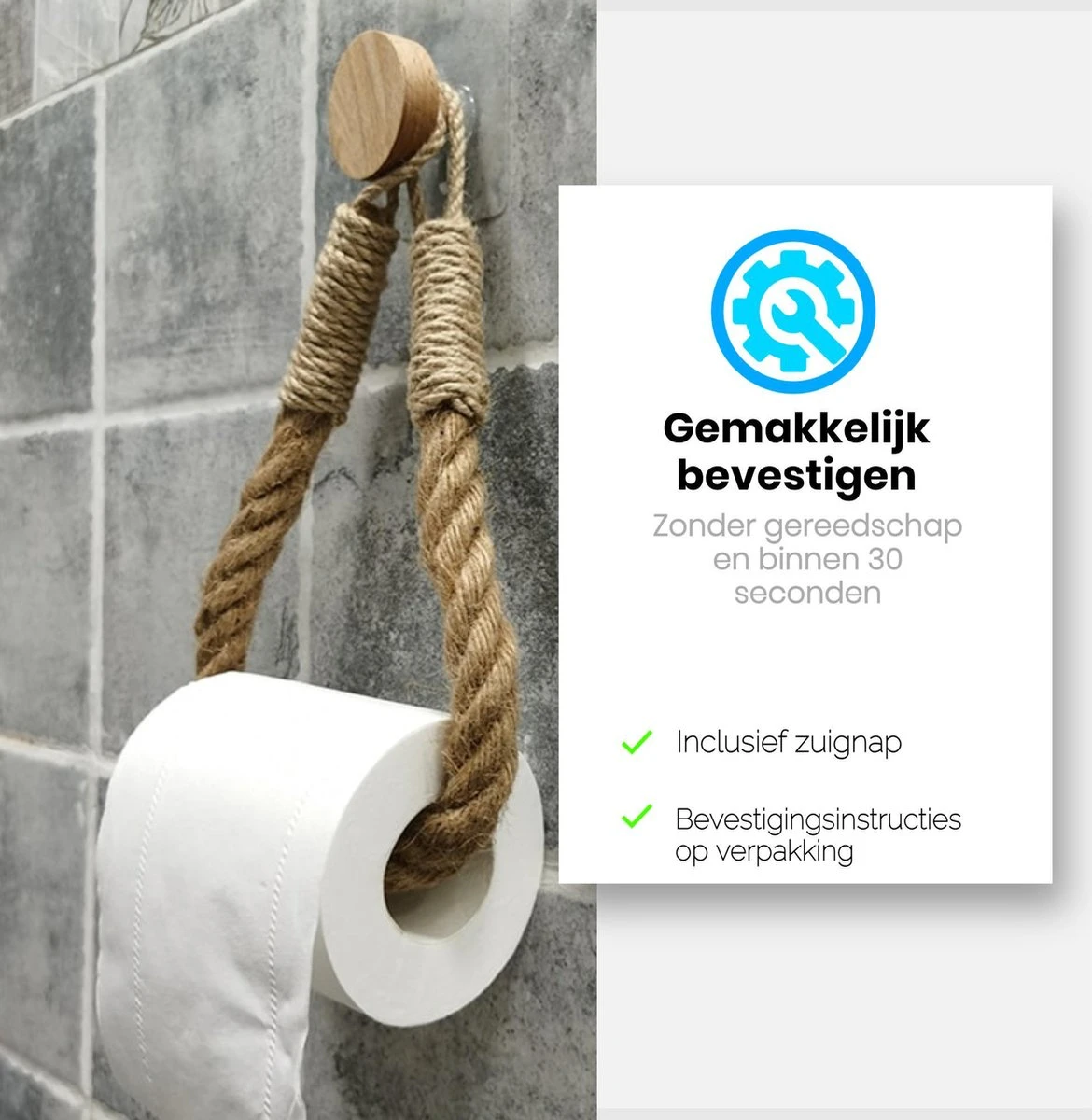 Jelta Toiletrolhouder Zonder Boren- Wc Rolhouder - Zuignap - Zelfklevend - Hout En Touw 5 Jelta Toiletrolhouder Zonder Boren- Wc Rolhouder - Zuignap - Zelfklevend - Hout En Touw - Afbeelding 5