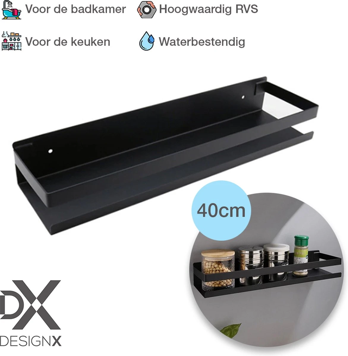DesignX - Doucherek Zwart Hangend - 40CM Kruidenrek Keukenrek Ophangbaar - Caddy - Planchet - Wandrek Industrieel - Badkamer - Keuken 1 DesignX - Doucherek Zwart Hangend - 40CM Kruidenrek Keukenrek Ophangbaar - Caddy - Planchet - Wandrek Industrieel - Badkamer - Keuken