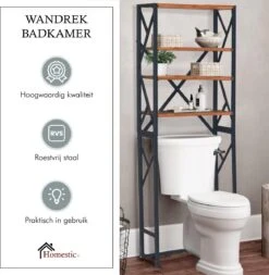 Homestic© - Ruimtebesparende Toiletmeubel - WC Plank, Badkamerplank Met 4 Open Vakken - Industrieel RVS Badkamermeubel - Zwart Staal / Hout - 170x54x24 CM -Merkloos Verkoop 1172x1200 7