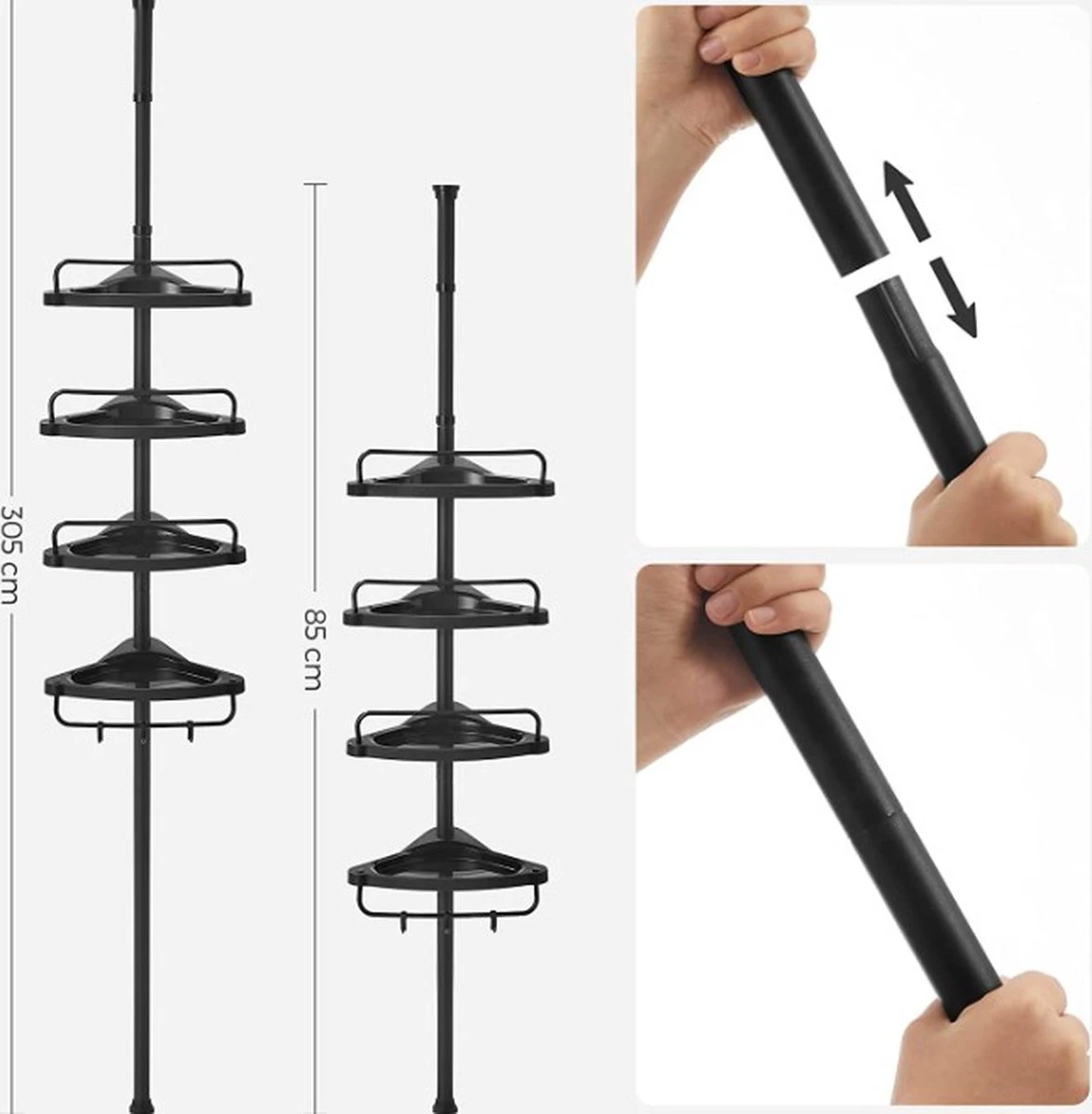 Verstelbaar Doucherek - 85-305 Cm - Van Vloer Tot Plafond - Met 4 Vakken - 3 Haken - Zwart 6 Verstelbaar Doucherek - 85-305 Cm - Van Vloer Tot Plafond - Met 4 Vakken - 3 Haken - Zwart - Afbeelding 6