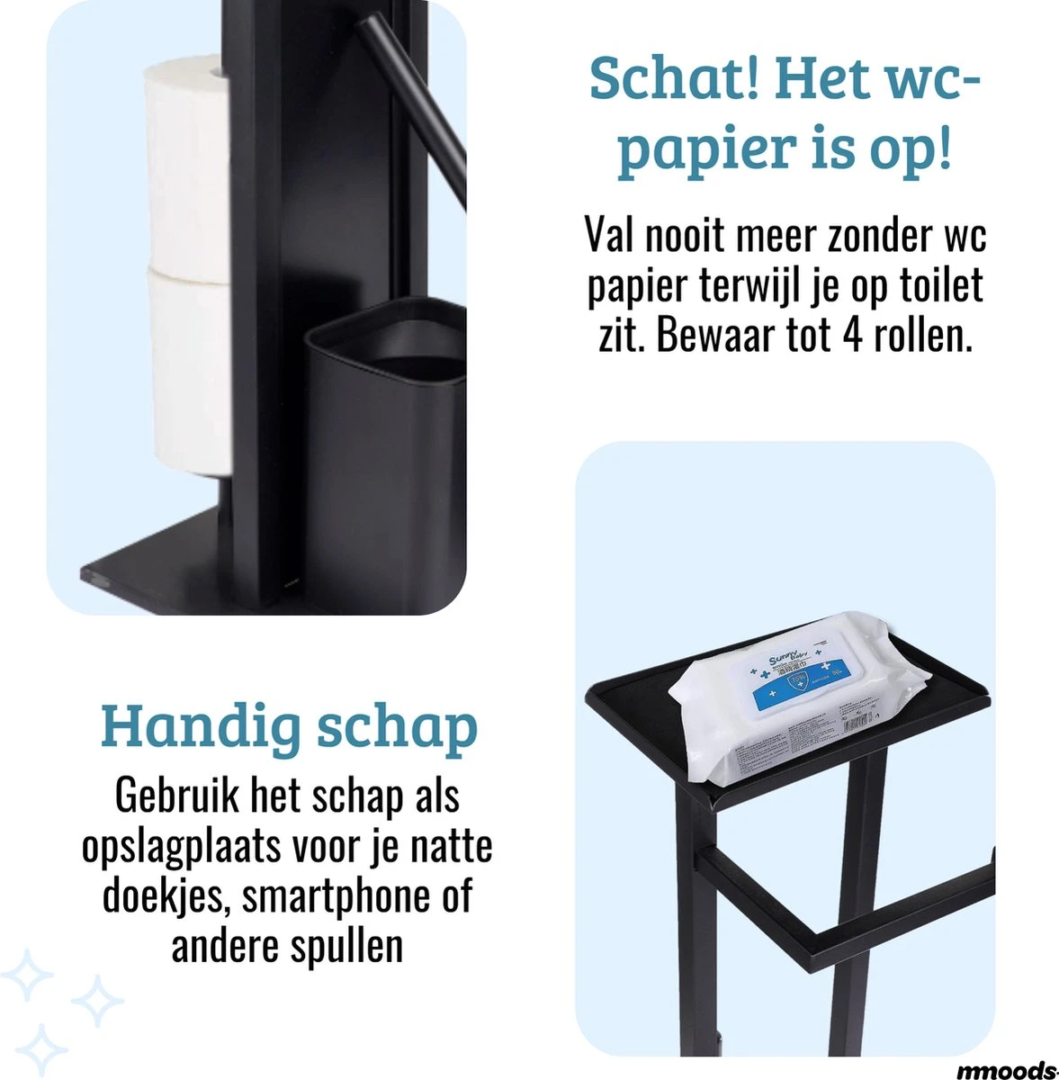 Mmoods Toiletbutler Zwart - WC Borstel Met Toiletrolhouder Vrijstaand - Toiletborstel Siliconen Industrieel Design Mmoods - Reserverolhouder Zonder Boren Staand Met Plankje RVS 3 Mmoods Toiletbutler Zwart - WC Borstel Met Toiletrolhouder Vrijstaand - Toiletborstel Siliconen Industrieel Design Mmoods - Reserverolhouder Zonder Boren Staand Met Plankje RVS - Afbeelding 3
