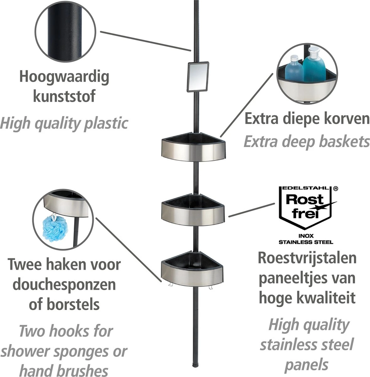 WENKO Telescopisch Doucherek Big Black 3-laags Met Spiegel Zilver/zwart - Bevestigen Zonder Boren 8 WENKO Telescopisch Doucherek Big Black 3-laags Met Spiegel Zilver/zwart - Bevestigen Zonder Boren - Afbeelding 8