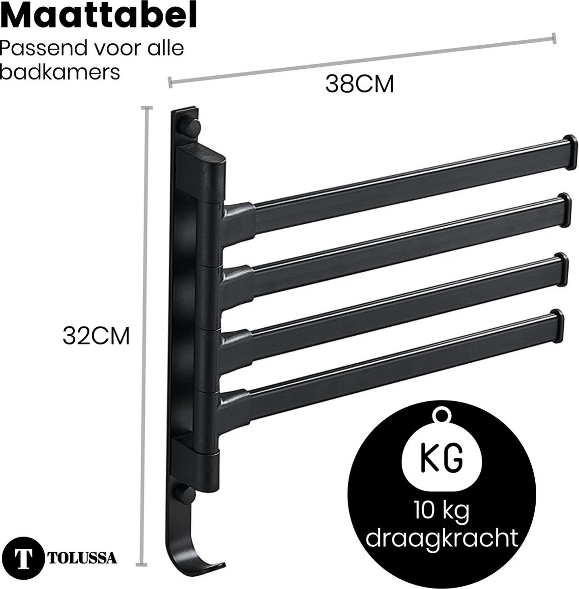 Tolussa Handdoekrek Badkamer Zwart - 38 CM - Handdoekhouder Zwart - Handdoekenrek Badkamer - Draaibaar 2 Tolussa Handdoekrek Badkamer Zwart - 38 CM - Handdoekhouder Zwart - Handdoekenrek Badkamer - Draaibaar - Afbeelding 2