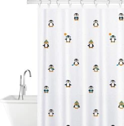 FUNNY PENGUINS - Waterdicht Douchegordijn - Met GRATIS 12 Ringen - Anti-Schimmel Badkamer Gordijn - Wasbaar - 100% Polyester - Pinguins Design - 180X180 CM