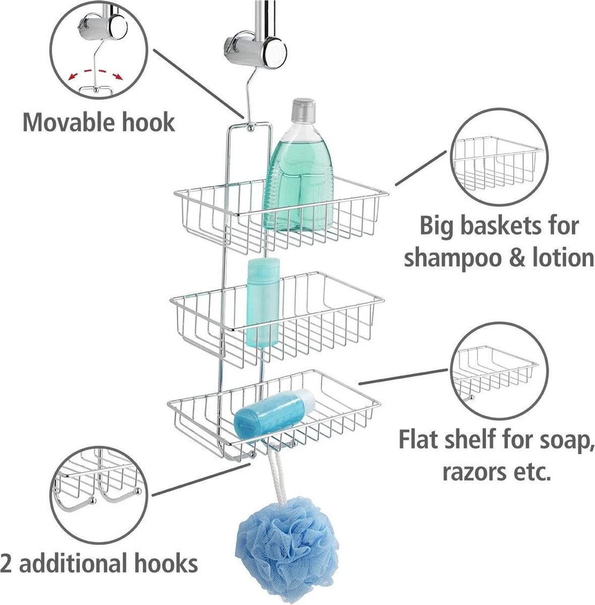 WENKO Doucherek Nivala 3-laags Chroom - Doucherek Zonder Boren - Doucherek Hangend 4 WENKO Doucherek Nivala 3-laags Chroom - Doucherek Zonder Boren - Doucherek Hangend - Afbeelding 4