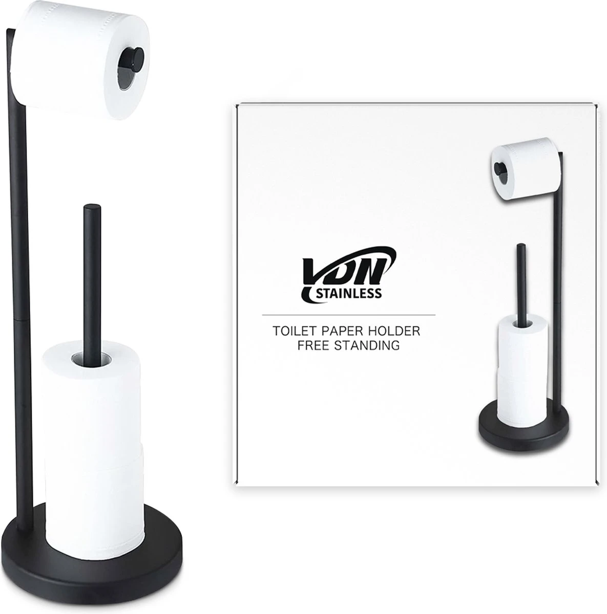 VDN Stainless Wc Rolhouder Staand - Wc Rolhouder Zwart - Toiletrolhouder En Reserverolhouder - RVS - Geschikt Voor 3+1 WC Papier Rollen - 2 In 1 6 VDN Stainless Wc Rolhouder Staand - Wc Rolhouder Zwart - Toiletrolhouder En Reserverolhouder - RVS - Geschikt Voor 3+1 WC Papier Rollen - 2 In 1 - Afbeelding 6