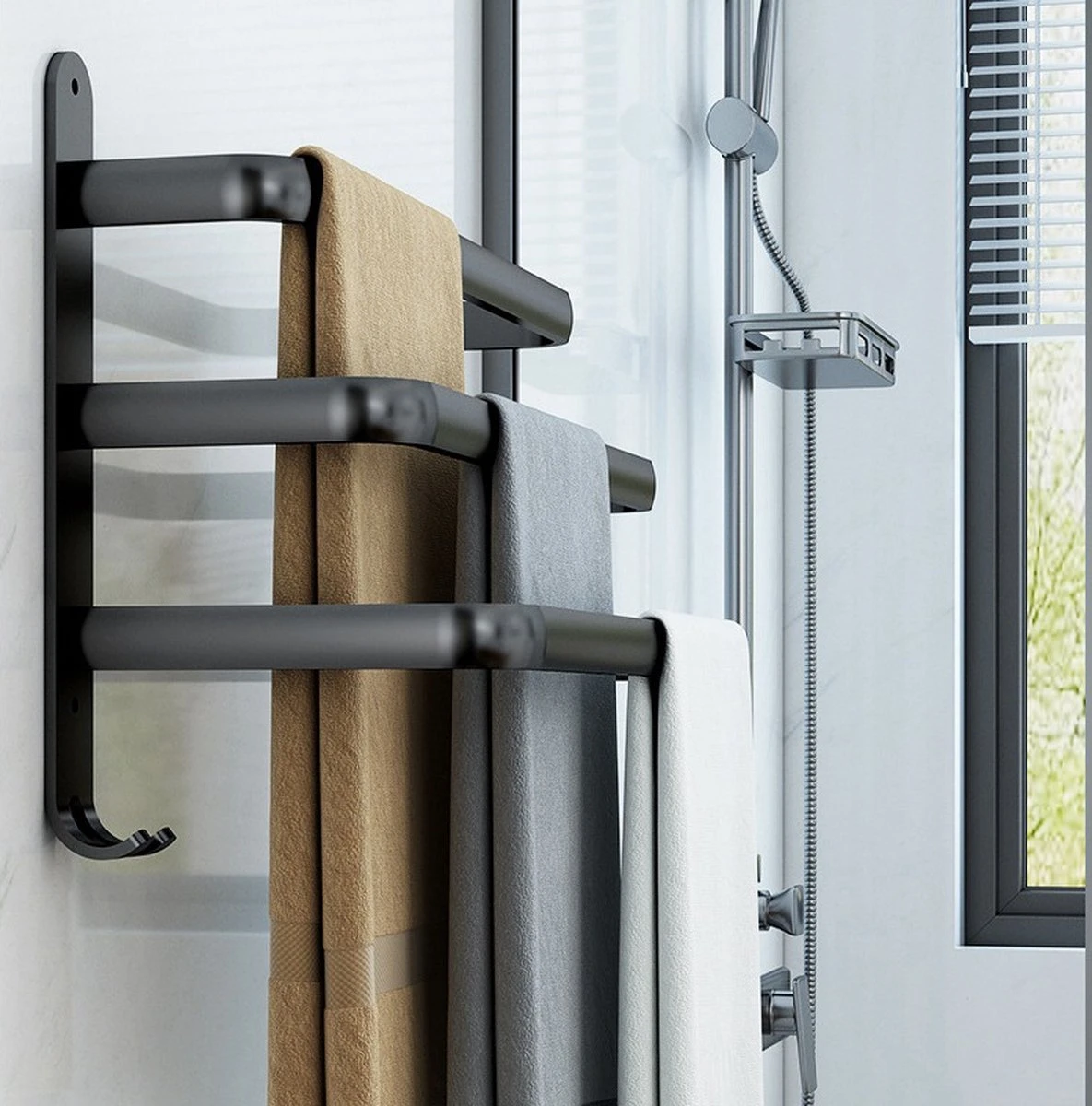 Handdoekrek Zwart - 3 Laags - Inclusief Montagemateriaal - Handdoekrek Badkamer - Handdoekstang 6 Handdoekrek Zwart - 3 Laags - Inclusief Montagemateriaal - Handdoekrek Badkamer - Handdoekstang - Afbeelding 6