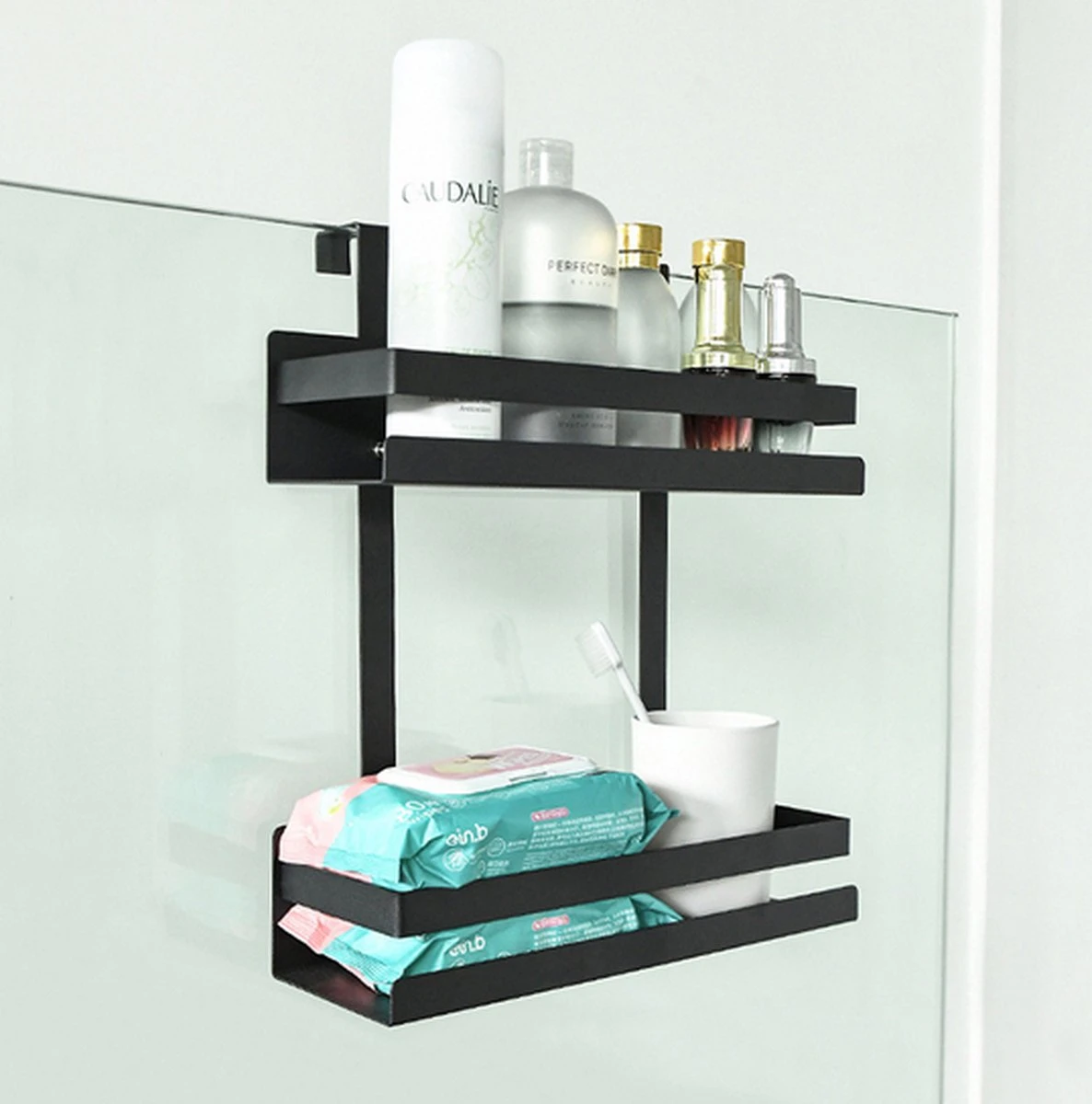 Doucherek Hangend - Ophangbaar Doucherek Matzwart - Twee Lagen - Badkamerrek - Doucherek Zonder Boren - 2 Laags - Badkamer Accessoires 12 Doucherek Hangend - Ophangbaar Doucherek Matzwart - Twee Lagen - Badkamerrek - Doucherek Zonder Boren - 2 Laags - Badkamer Accessoires - Afbeelding 12