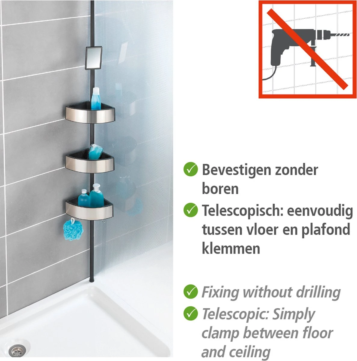 WENKO Telescopisch Doucherek Big Black 3-laags Met Spiegel Zilver/zwart - Bevestigen Zonder Boren 6 WENKO Telescopisch Doucherek Big Black 3-laags Met Spiegel Zilver/zwart - Bevestigen Zonder Boren - Afbeelding 6