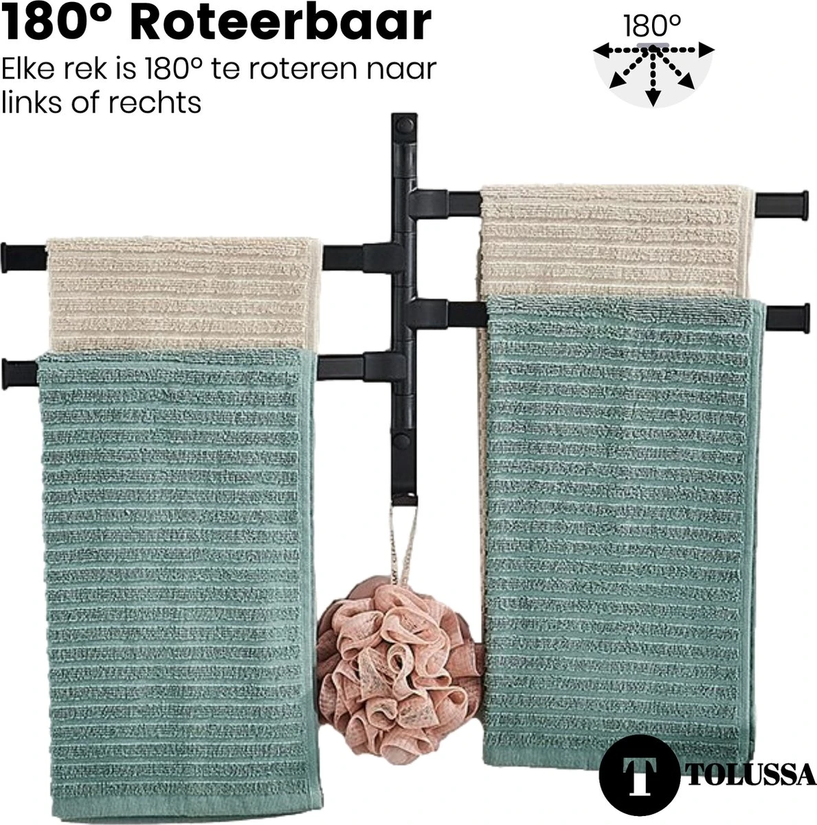 Tolussa Handdoekrek Badkamer Zwart - 38 CM - Handdoekhouder Zwart - Handdoekenrek Badkamer - Draaibaar 3 Tolussa Handdoekrek Badkamer Zwart - 38 CM - Handdoekhouder Zwart - Handdoekenrek Badkamer - Draaibaar - Afbeelding 3