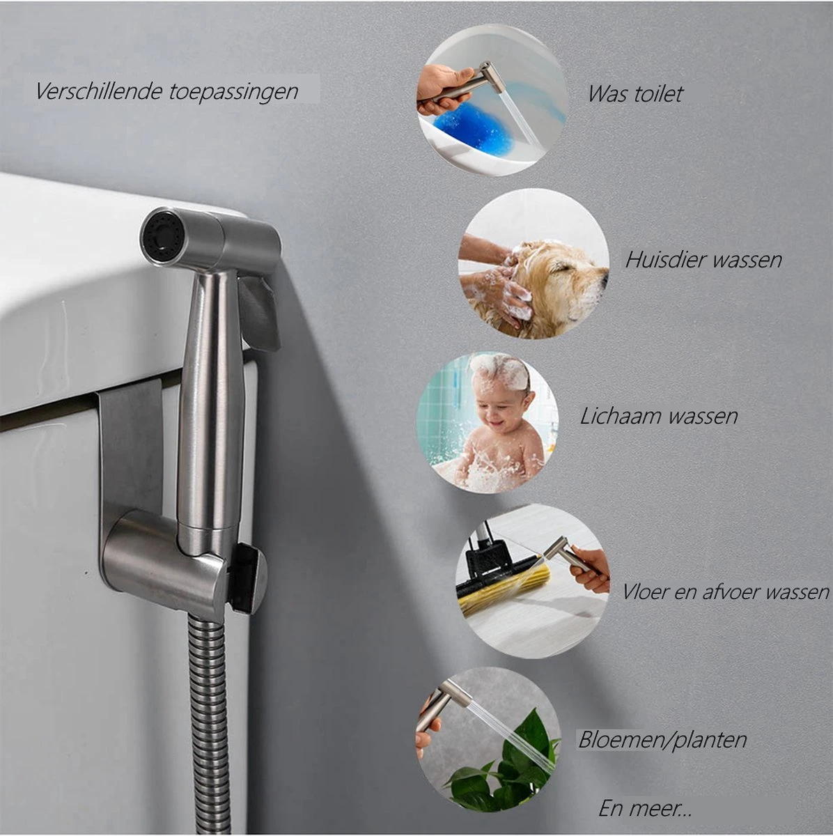Merkloos Bidet Handdoucheset Uit Geborsteld RVS - Shattaf - Met Slang, T-stuk & Wandhouder 3 Merkloos Bidet Handdoucheset Uit Geborsteld RVS - Shattaf - Met Slang, T-stuk & Wandhouder - Afbeelding 3