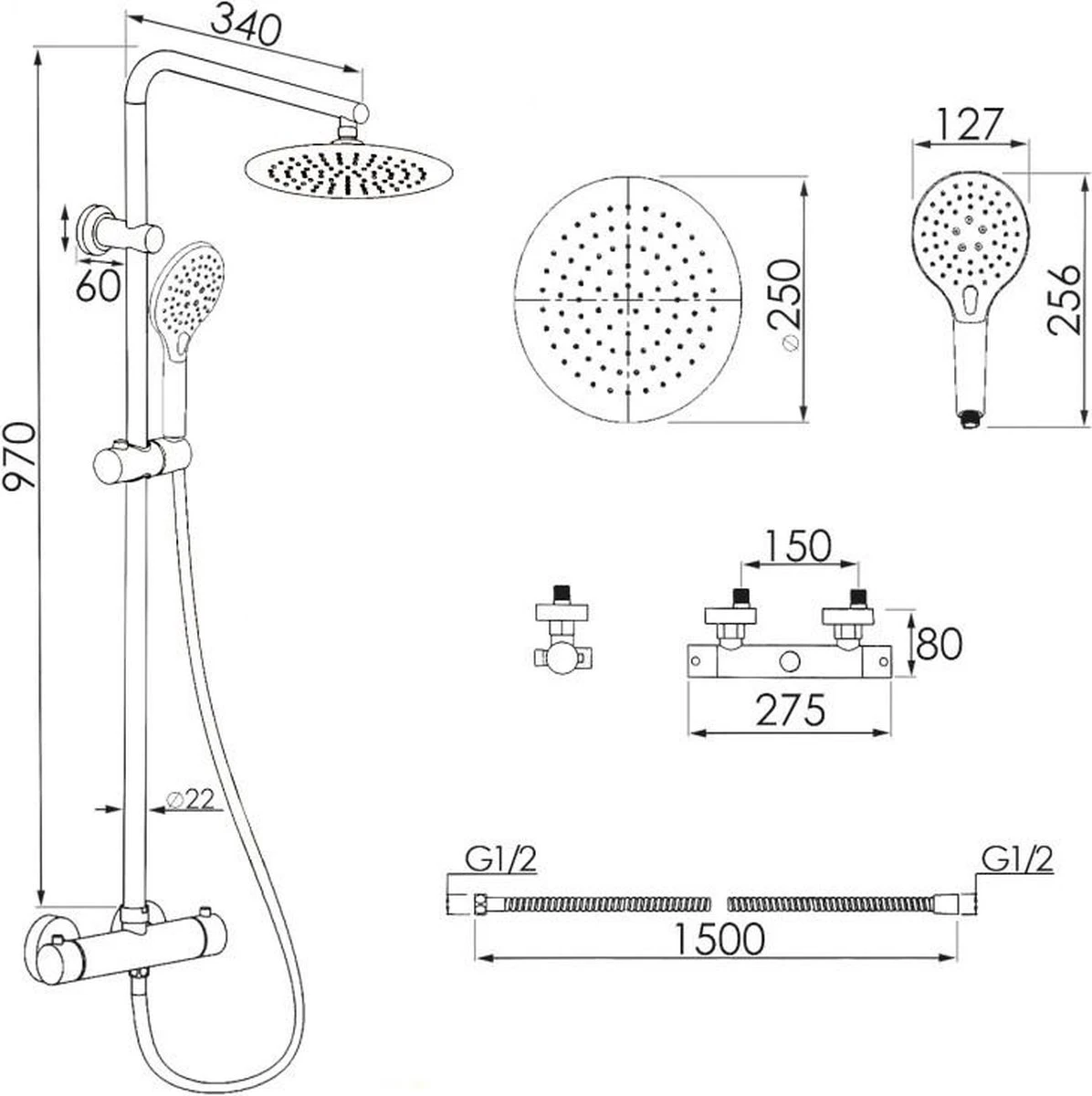 Regendoucheset - Met Thermostaatkraan - 25 Cm - Goud 2 Regendoucheset - Met Thermostaatkraan - 25 Cm - Goud - Afbeelding 2