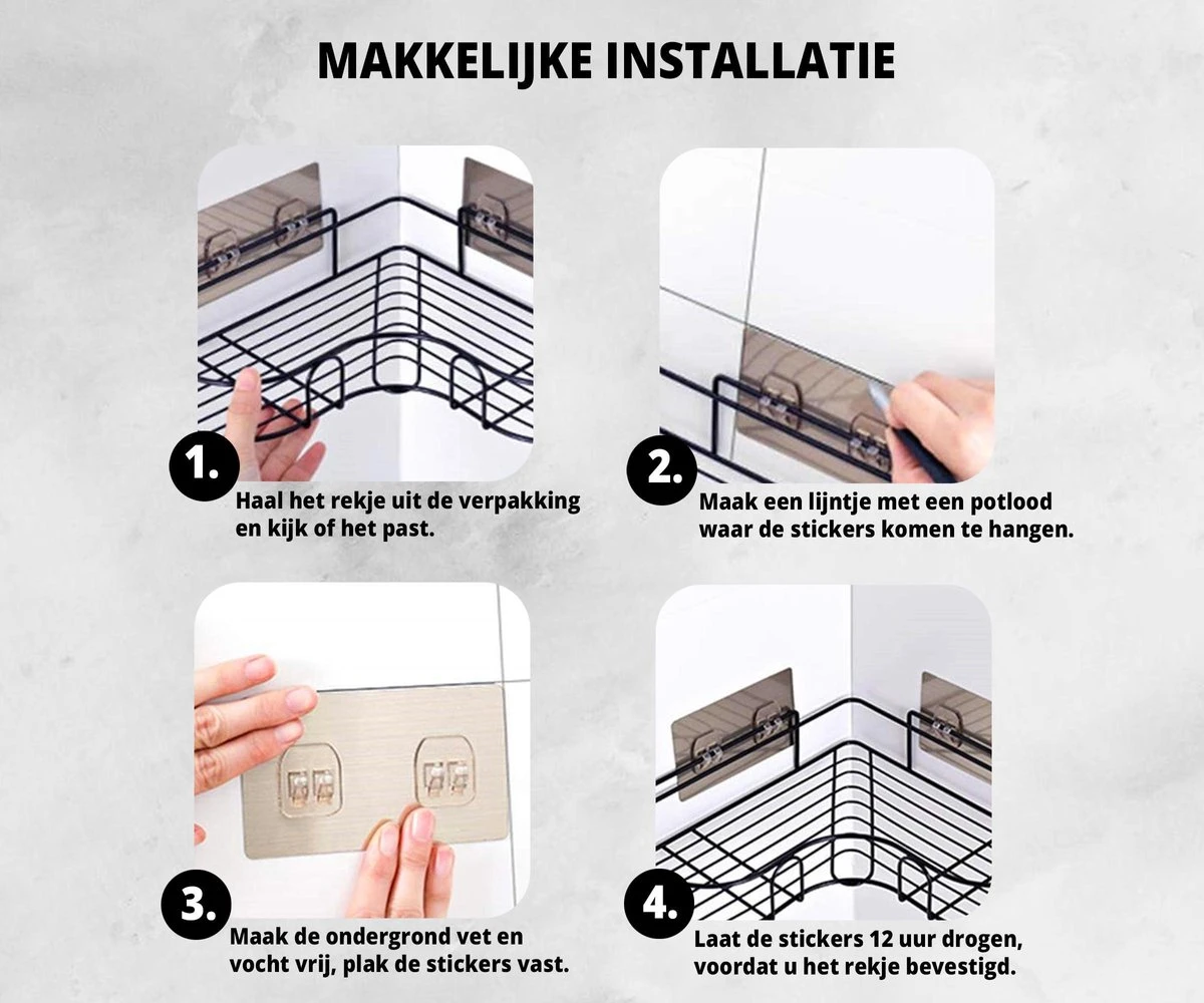 HouseLife™ Doucherek Zonder Boren - Zwart - Zelfklevend - Douchemand - Badkamer Doucherek – 30 Cm - Incl. 2 Sterke Muurstickers 8 HouseLife™ Doucherek Zonder Boren - Zwart - Zelfklevend - Douchemand - Badkamer Doucherek – 30 Cm - Incl. 2 Sterke Muurstickers - Afbeelding 8