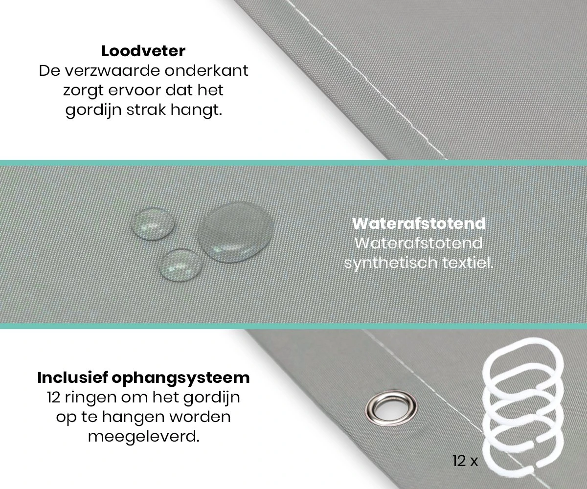 Loti Living Douchegordijn Anti Schimmel – Grijs - Inclusief Ringen – Waterdicht - Polyester - Douchegordijn 180x200 Cm 2 Loti Living Douchegordijn Anti Schimmel – Grijs - Inclusief Ringen – Waterdicht - Polyester - Douchegordijn 180x200 Cm - Afbeelding 2