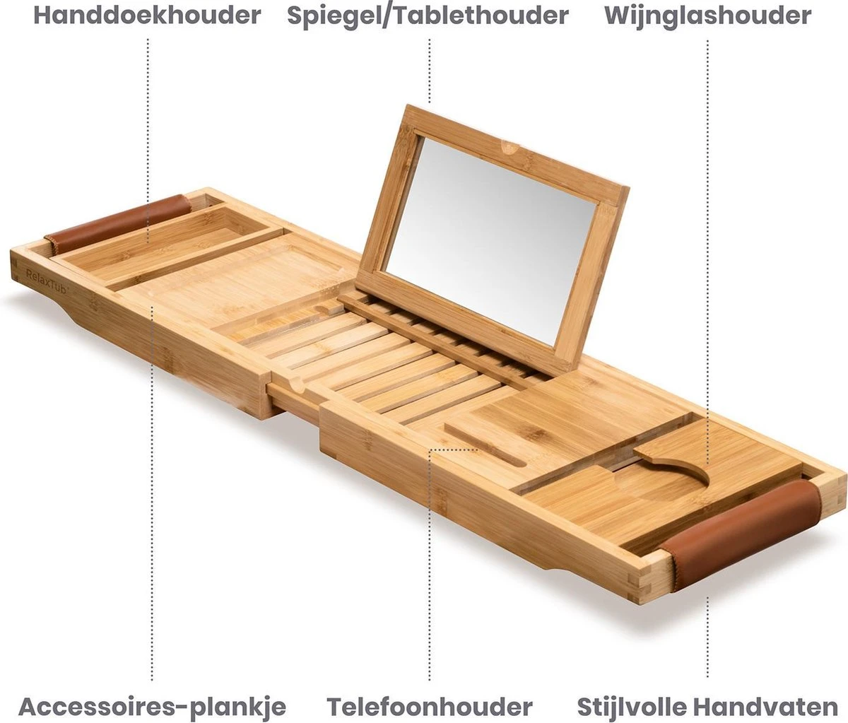 RelaxTub® Badplank - Badplank Voor In Bad - Badrek - Verstelbaar - Anti Slip - Badplank Bamboe - Badplank Hout - Badrekje Inclusief Boekenhouder, Tablethouder & Spiegel 2 RelaxTub® Badplank - Badplank Voor In Bad - Badrek - Verstelbaar - Anti Slip - Badplank Bamboe - Badplank Hout - Badrekje Inclusief Boekenhouder, Tablethouder & Spiegel - Afbeelding 2