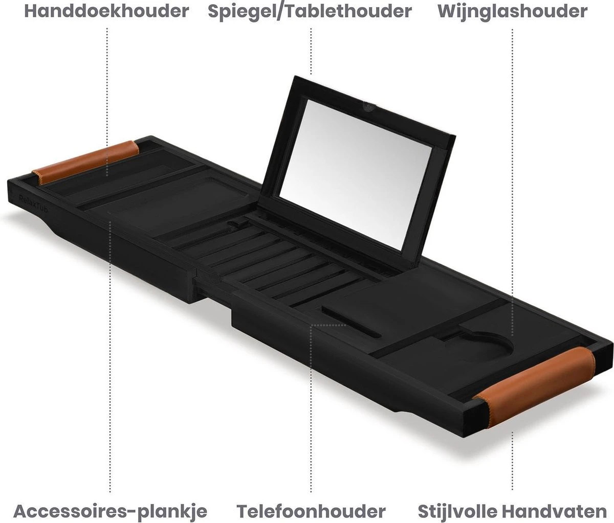 RelaxTub® Badplank - Badplank Voor In Bad - Badrek - Verstelbaar - Anti Slip - Badplank Zwart - Badplank Hout - Badrekje Inclusief Boekenhouder, Tablethouder & Spiegel 2 RelaxTub® Badplank - Badplank Voor In Bad - Badrek - Verstelbaar - Anti Slip - Badplank Zwart - Badplank Hout - Badrekje Inclusief Boekenhouder, Tablethouder & Spiegel - Afbeelding 2