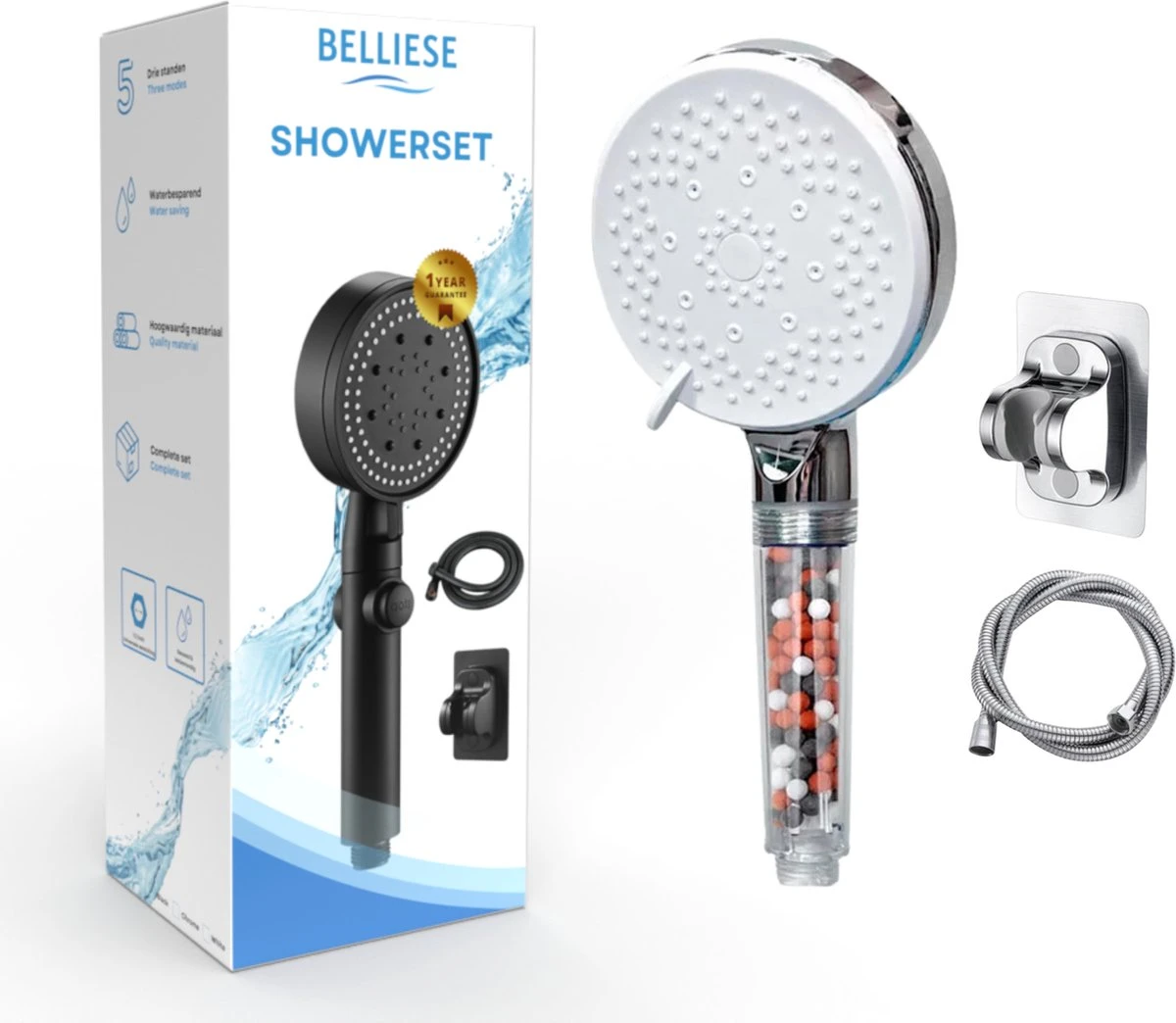Belliese Doucheset Ionic - Douchekop - Doucheslang - Douchekophouder - Douchekop Met Slang - Waterbesparende Douchekop - Ionische Filter Douchekop - Badkamer Accessoires - Montage Zonder Boren - 5 Standen - Chroom 1 Belliese Doucheset Ionic - Douchekop - Doucheslang - Douchekophouder - Douchekop Met Slang - Waterbesparende Douchekop - Ionische Filter Douchekop - Badkamer Accessoires - Montage Zonder Boren - 5 Standen - Chroom