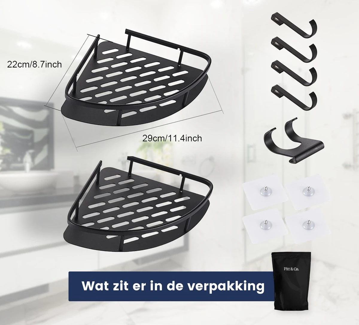 Doucherek Zonder Boren – Badkamer Accessoires – Doucherekje – Douchemand – RVS – Hoekrek – Hangend – Zwart – 2 Stuks 8 Doucherek Zonder Boren – Badkamer Accessoires – Doucherekje – Douchemand – RVS – Hoekrek – Hangend – Zwart – 2 Stuks - Afbeelding 8