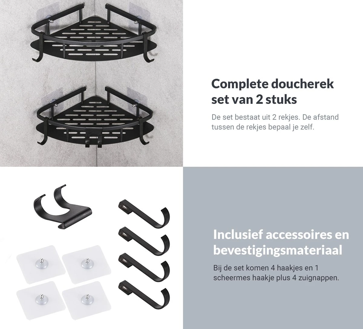 Doucherek Zonder Boren – Badkamer Accessoires – Doucherekje – Douchemand – RVS – Hoekrek – Hangend – Zwart – 2 Stuks 9 Doucherek Zonder Boren – Badkamer Accessoires – Doucherekje – Douchemand – RVS – Hoekrek – Hangend – Zwart – 2 Stuks - Afbeelding 9