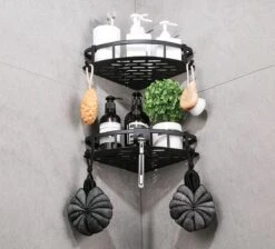 Doucherek Zonder Boren – Badkamer Accessoires – Doucherekje – Douchemand – RVS – Hoekrek – Hangend – Zwart – 2 Stuks