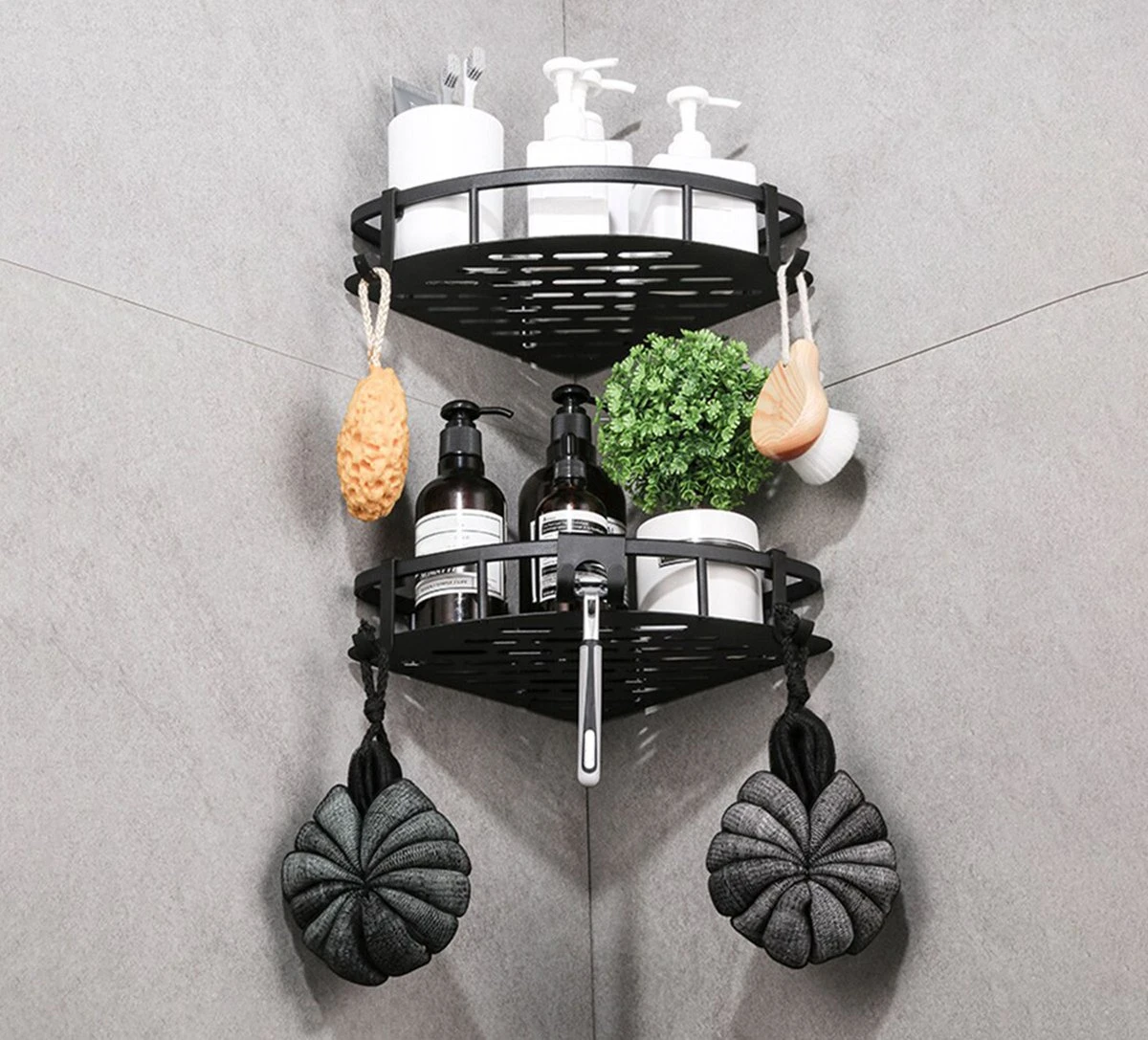 Doucherek Zonder Boren – Badkamer Accessoires – Doucherekje – Douchemand – RVS – Hoekrek – Hangend – Zwart – 2 Stuks 1 Doucherek Zonder Boren – Badkamer Accessoires – Doucherekje – Douchemand – RVS – Hoekrek – Hangend – Zwart – 2 Stuks