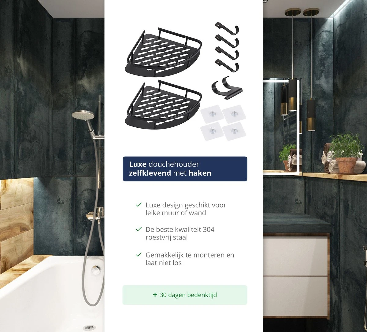 Doucherek Zonder Boren – Badkamer Accessoires – Doucherekje – Douchemand – RVS – Hoekrek – Hangend – Zwart – 2 Stuks 2 Doucherek Zonder Boren – Badkamer Accessoires – Doucherekje – Douchemand – RVS – Hoekrek – Hangend – Zwart – 2 Stuks - Afbeelding 2
