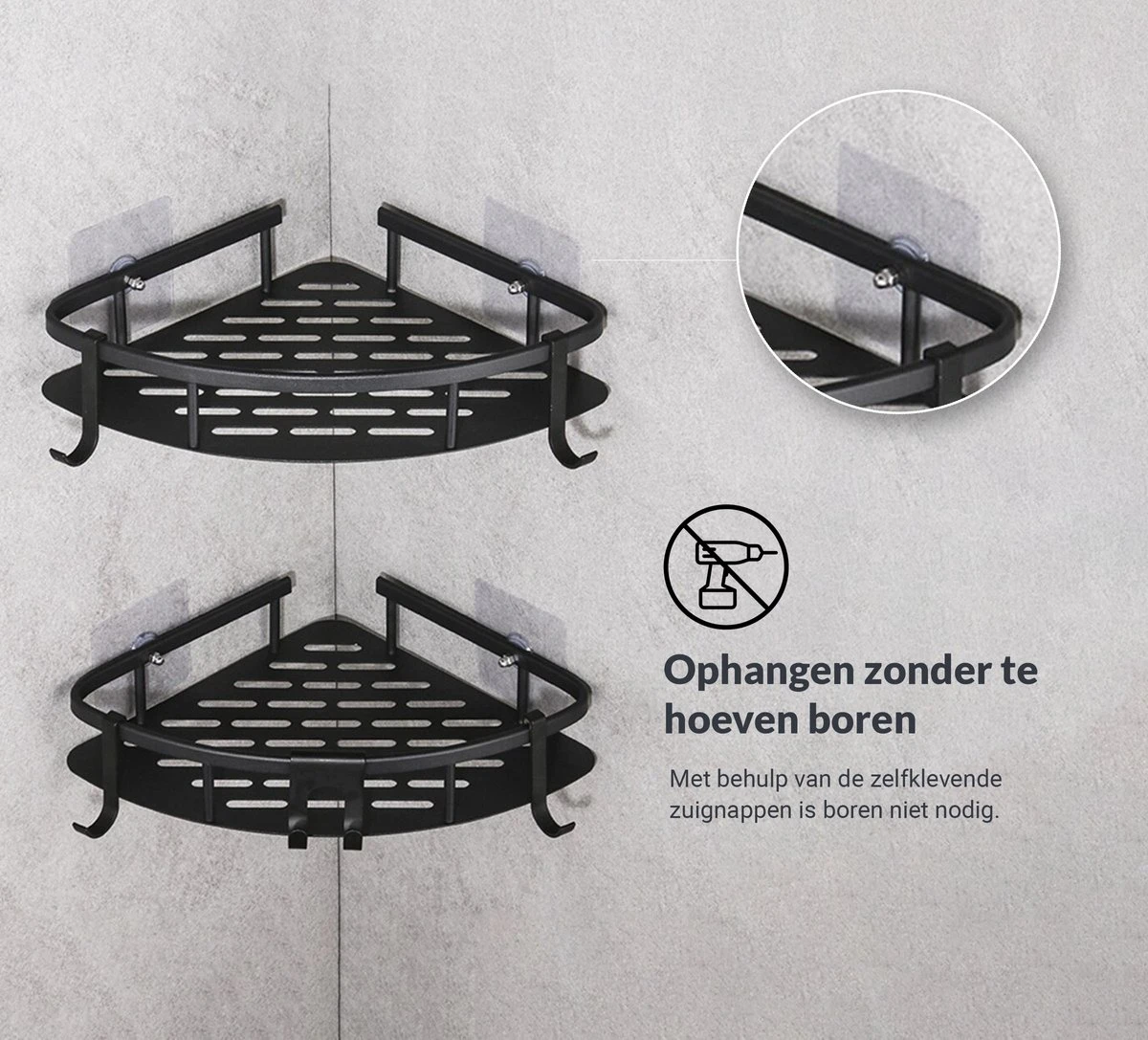 Doucherek Zonder Boren – Badkamer Accessoires – Doucherekje – Douchemand – RVS – Hoekrek – Hangend – Zwart – 2 Stuks 4 Doucherek Zonder Boren – Badkamer Accessoires – Doucherekje – Douchemand – RVS – Hoekrek – Hangend – Zwart – 2 Stuks - Afbeelding 4