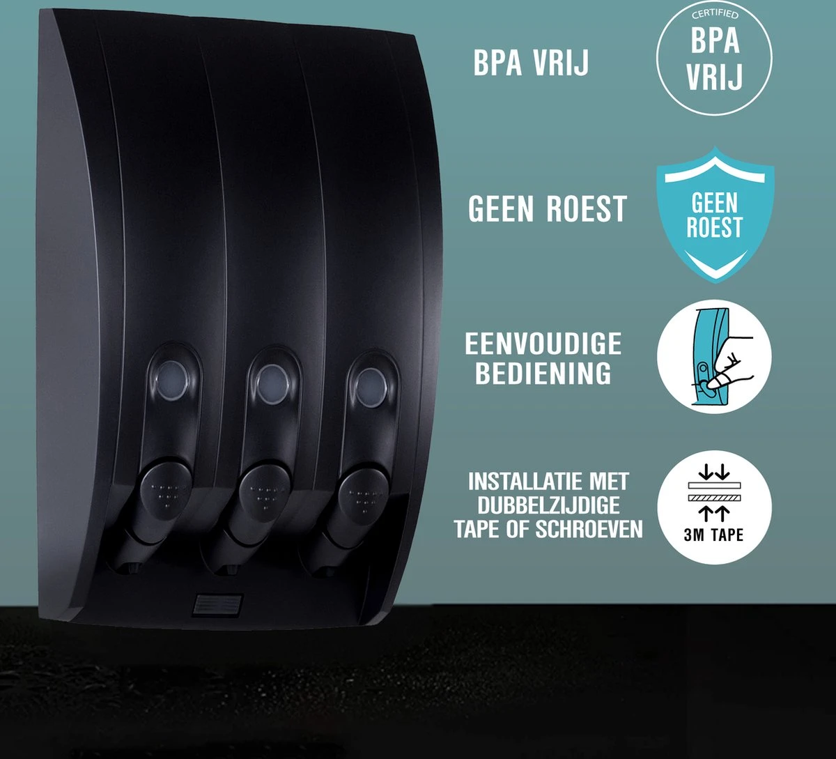 Aquathof, Zeepdispenser, Mat Zwart, 3 Kamer, 3 Reservoirs, 3x350ml, Hangend, Wandmontage 4 Aquathof, Zeepdispenser, Mat Zwart, 3 Kamer, 3 Reservoirs, 3x350ml, Hangend, Wandmontage - Afbeelding 4