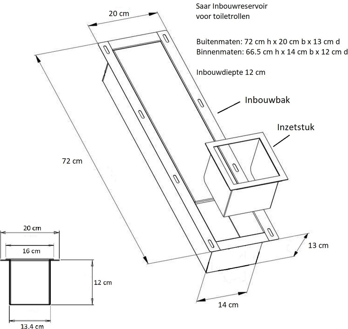 SAAR -Inbouw Toilet Reserve Rolhouder RVS - Met - MAT WIT - Inzetstuk , (uitneembaar) -72 X 20 X 13 Cm - Inbouwdiepte 12 Cm 2 SAAR -Inbouw Toilet Reserve Rolhouder RVS - Met - MAT WIT - Inzetstuk , (uitneembaar) -72 X 20 X 13 Cm - Inbouwdiepte 12 Cm - Afbeelding 2