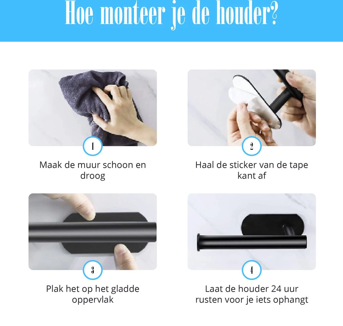 Flusive Toiletrolhouder Met 4 Handdoekhaakjes - Wc Rolhouder - Zelfklevend Zonder Boren - RVS - Zwart 6 Flusive Toiletrolhouder Met 4 Handdoekhaakjes - Wc Rolhouder - Zelfklevend Zonder Boren - RVS - Zwart - Afbeelding 6