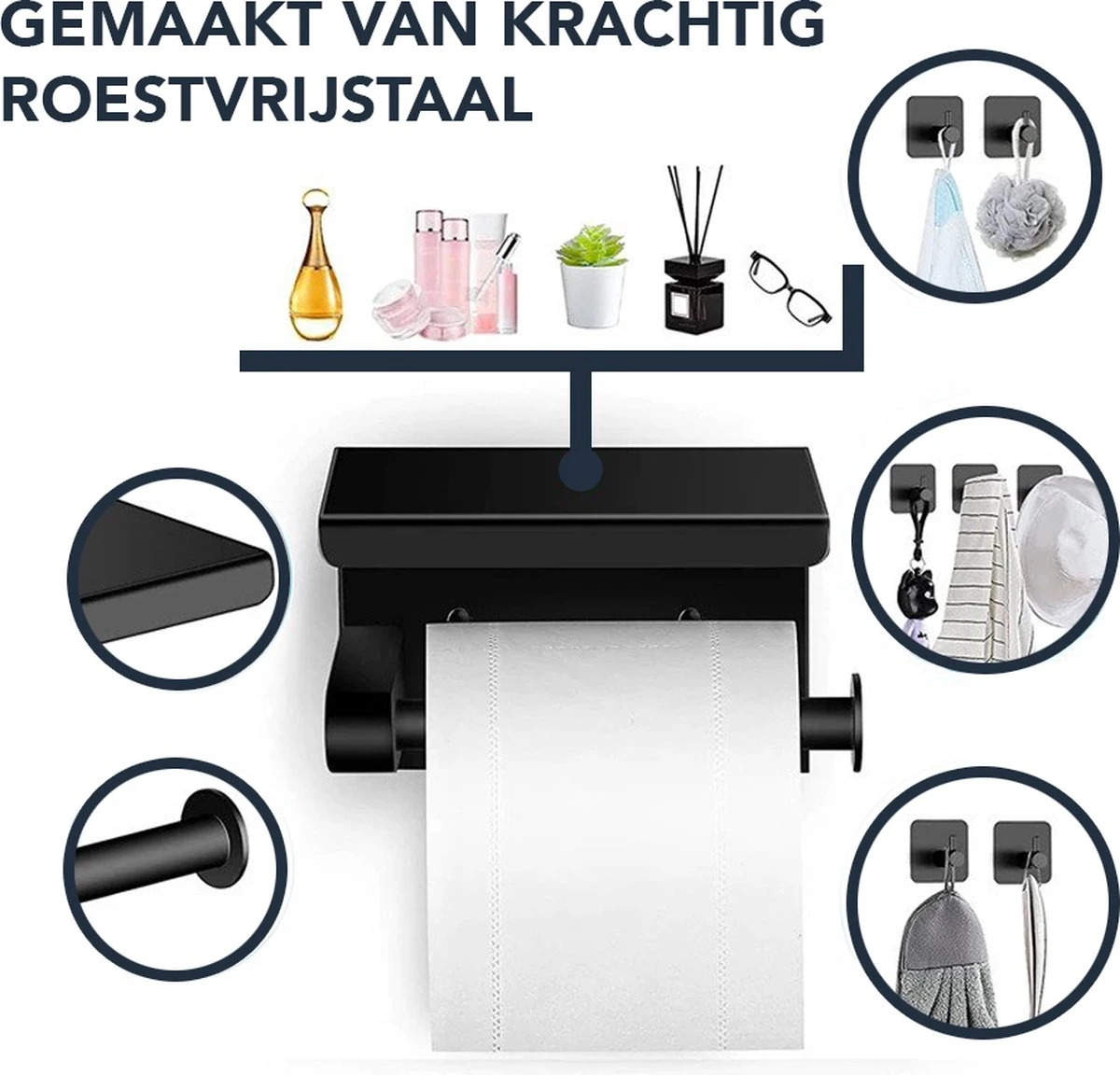 Toiletrolhouder Met Plankje - Zelfklevend Of Boren - WC Rolhouder - Incl. Handdoekhaakjes - Zwart 2 Toiletrolhouder Met Plankje - Zelfklevend Of Boren - WC Rolhouder - Incl. Handdoekhaakjes - Zwart - Afbeelding 2