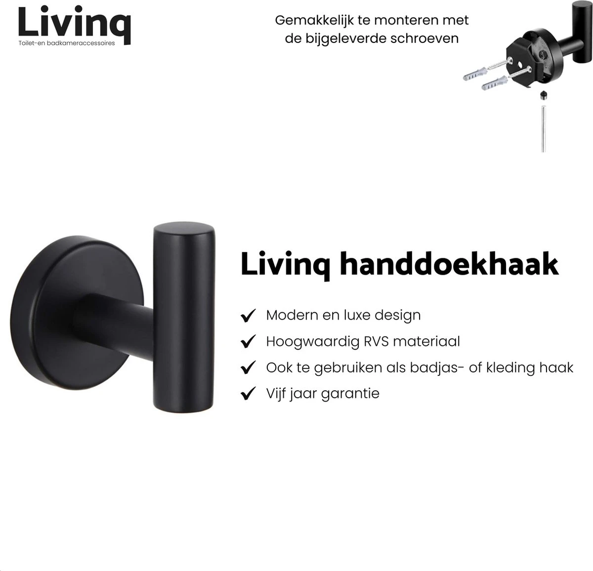 Toiletaccessoireset Zwart 3-delig - Luxe Toilet Set - Toiletborstel Met Houder - Toiletrolhouder Met Klep - Handdoekhaak 3 Toiletaccessoireset Zwart 3-delig - Luxe Toilet Set - Toiletborstel Met Houder - Toiletrolhouder Met Klep - Handdoekhaak - Afbeelding 3